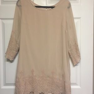 Tan shift dress with lace detailing